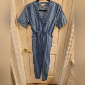 EMORY PARK chambray Jean like Short Sleeve Pant Romper medium